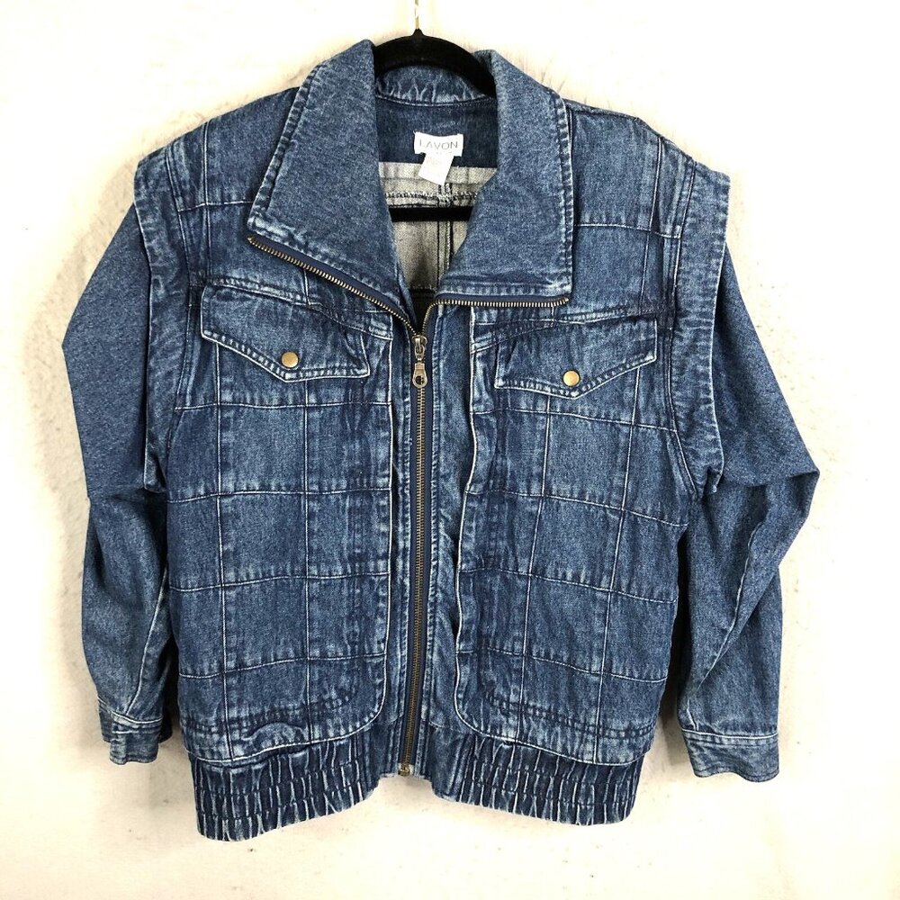 Vintage Lavon Jean Jacket Womens Small Blue Denim Windowpanes Patchwork Oversize
